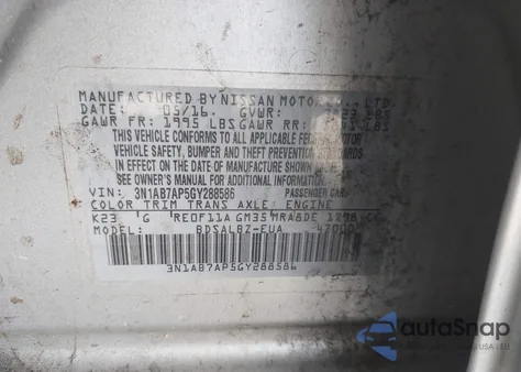 2016 Nissan Sentra S z USA, uszkodzony, nr VIN 3N1AB7AP5GY288586